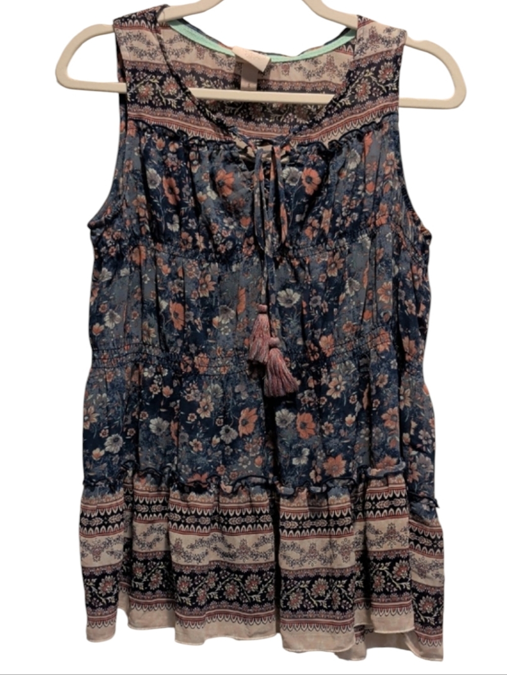 Knox Rose Navy Floral Tassel Tank Top (#C1006)
